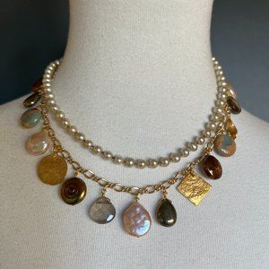 New Auth Chan Luu Baroque Pearl Mix Double Strand Gold Necklace